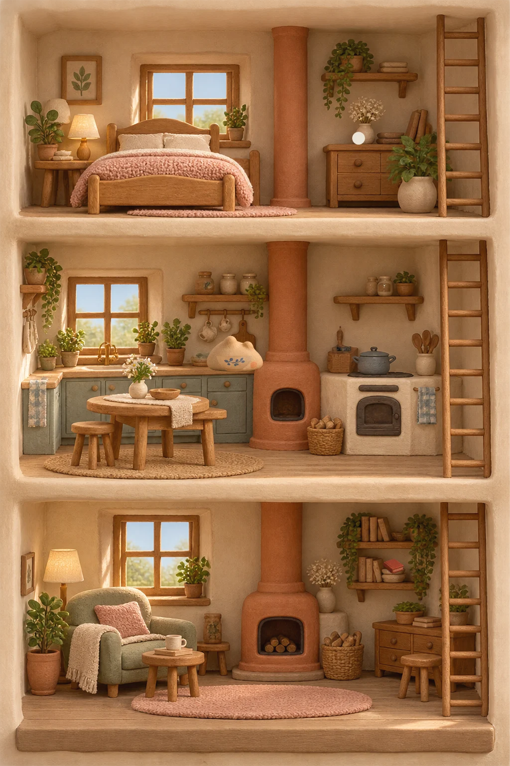 Loafy's home: a bedroom in the roof, a kitchen and a living room, one above the other, with Loafy napping in the mixing bowl on the kitchen counter.