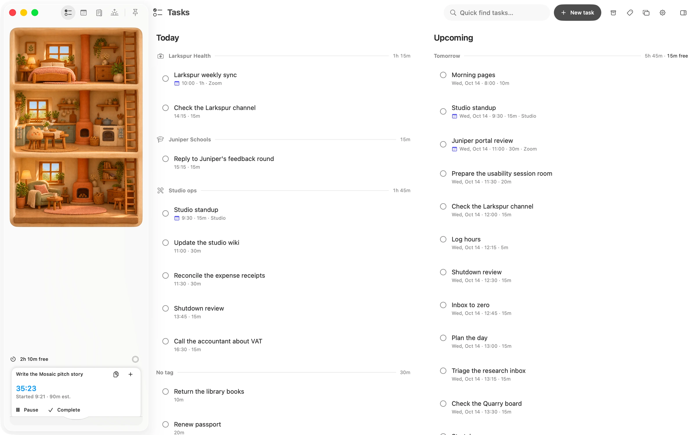 Matter on the Mac at 9:41 on a Tuesday: Loafy at home in her house in the sidebar, 2h 10m free, Write the Mosaic pitch story running in the work bucket, and the Tasks page with today's tasks under their tags and tomorrow's under Upcoming.